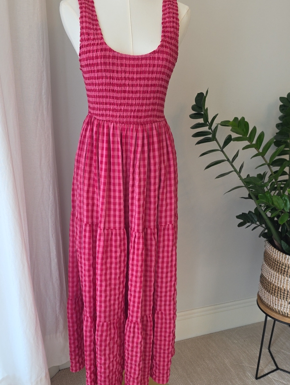 Women's Pink Gingham Smocked Maxi Dress